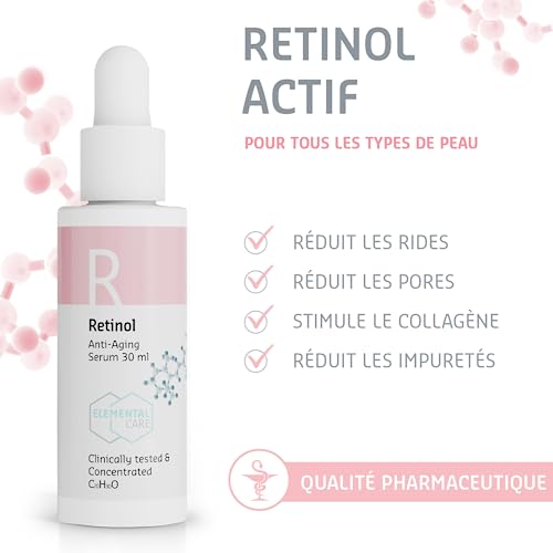Elemental Care Soin Visage Retinol - Réduction de 64% des Rides en 3 Mois - 30ml Sérum Anti-Rides et Régulateur de Sébum
