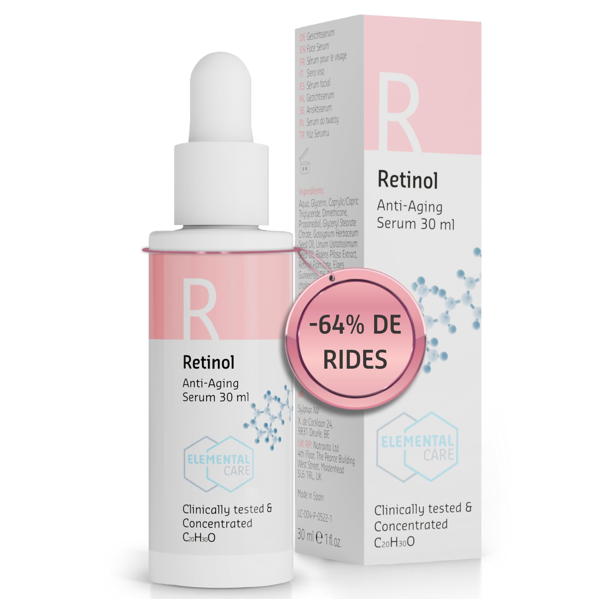 Elemental Care Soin Visage Retinol - Réduction de 64% des Rides en 3 Mois - 30ml Sérum Anti-Rides et Régulateur de Sébum